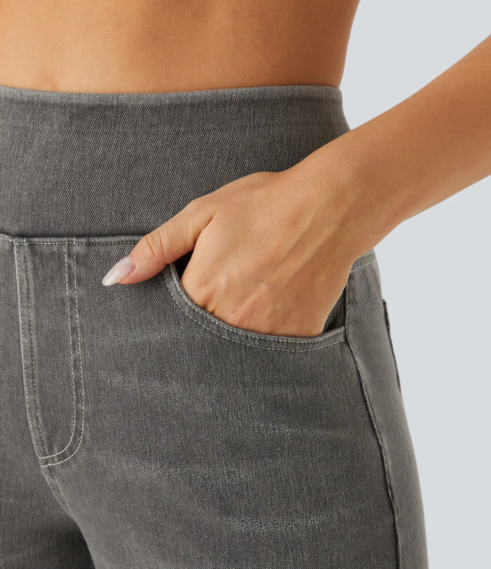 2026🔥  High Waisted Multiple Pockets Baggy Wide Leg Washed Stretchy Knit Casual Jeans