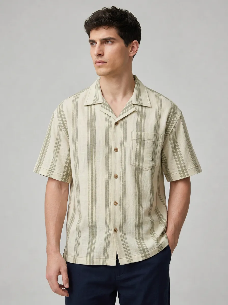 Men's Casual Summer Green Striped Breathable Linen Blend Shirt