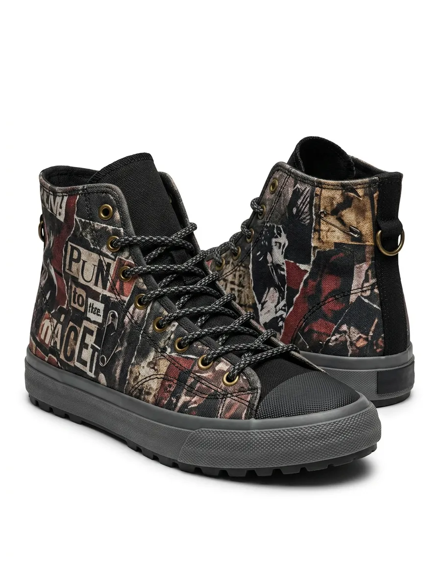 Men's Punk Rock Collage Graphic Printed Canvas Shoes