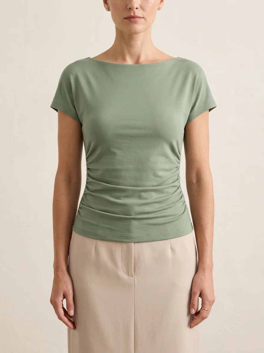 Contoured Boat-Neck Side-Ruched Ruched Fitted Top