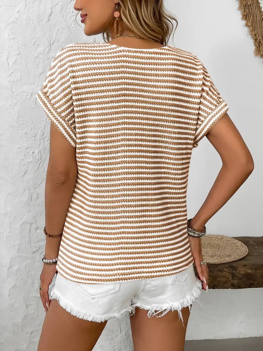 V-Neck Short-Sleeve Button-Detail Striped T-Shirt