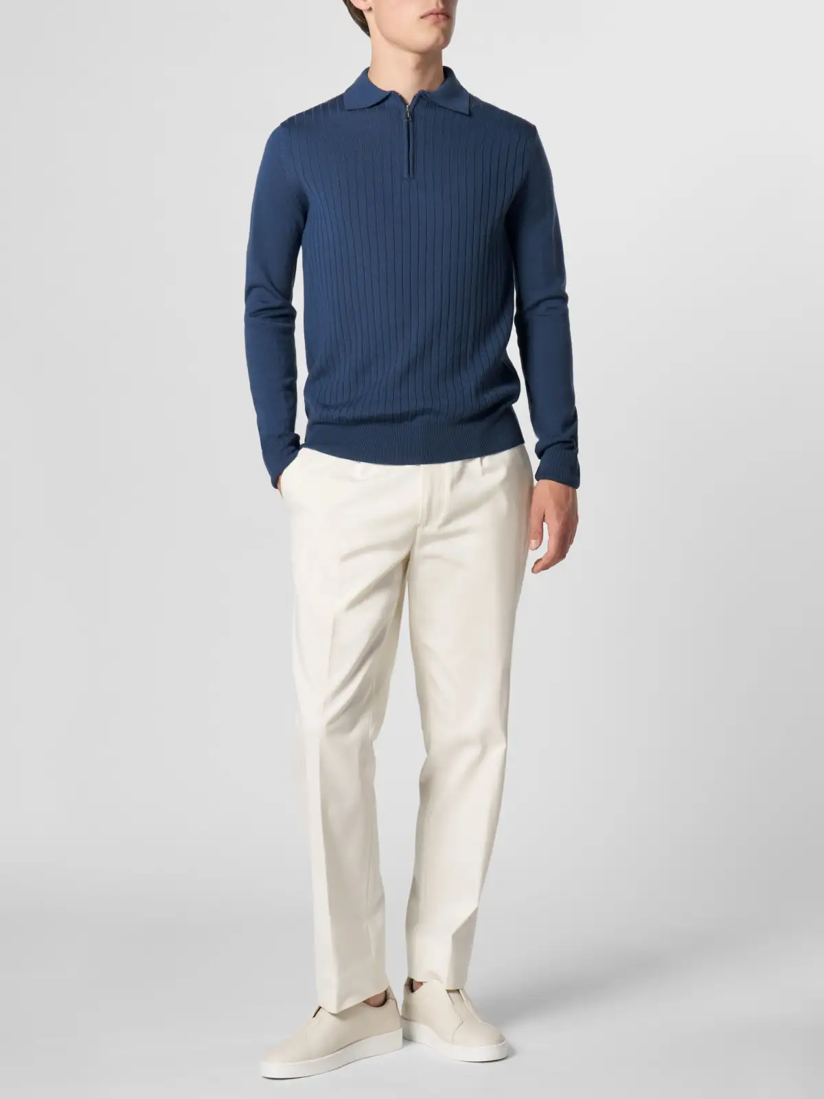 Extrafine Merino Merino Wool Zip Front Ribbed Slim Fit Polo Shirt