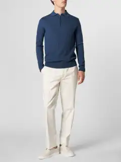 Extrafine Merino Merino Wool Zip Front Ribbed Slim Fit Polo Shirt