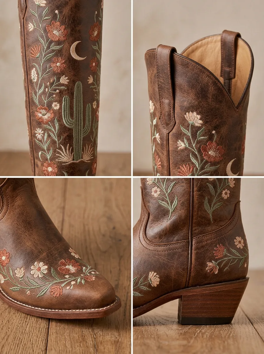 Men's Western Boho Cactus Floral Moon Embroidered Cowboy Boots