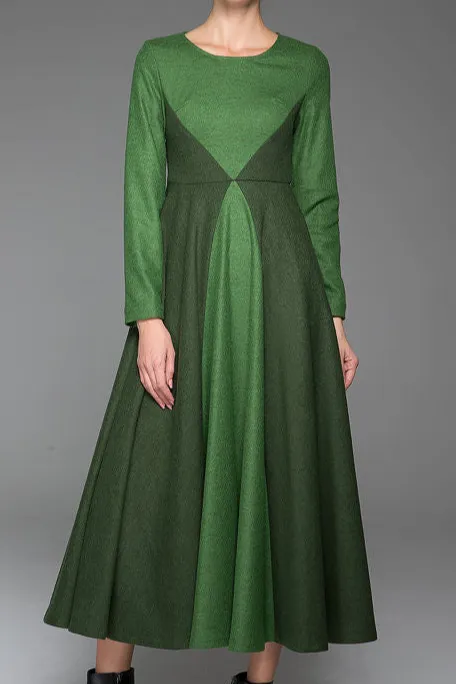 Relaxed Wool Blend Pleated Long Sleeve Maxi Dress