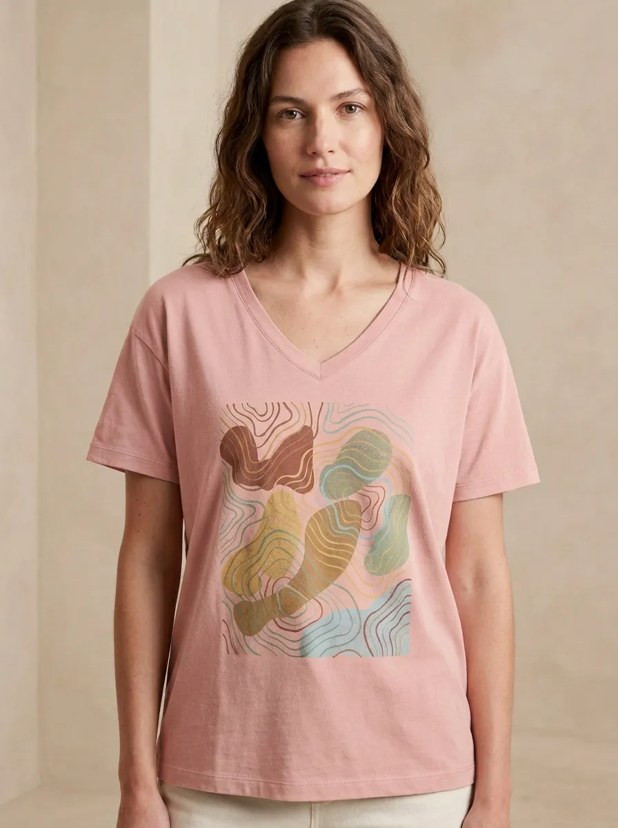 Women's Abstract Art Topographic Lines Printed V-Neck T-Shirt