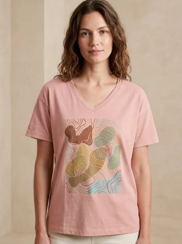 Women's Abstract Art Topographic Lines Printed V-Neck T-Shirt
