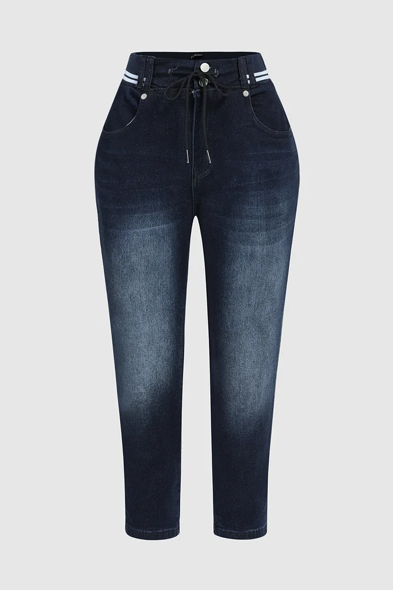 Double Button Drawstring Capris Jeans