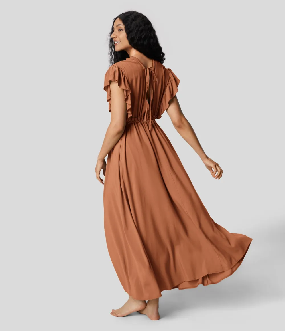 Deep V Neck Butterfly Sleeve Backless Drawstring Button Side Pocket Flowy Maxi Casual Dress