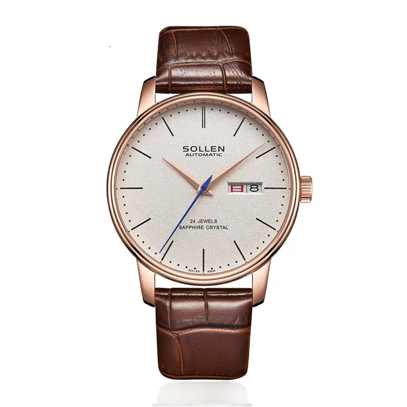 Sollen 9020 Automatic Watch - Men's Dual Calendar Sunray Dial Executive Stainless Steel Bracelet or Genuine Leather Strap Wristwatch