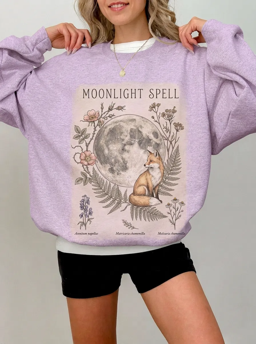 Women's Moonlight Spell Fox Floral Moon Graphic Sweatshirt