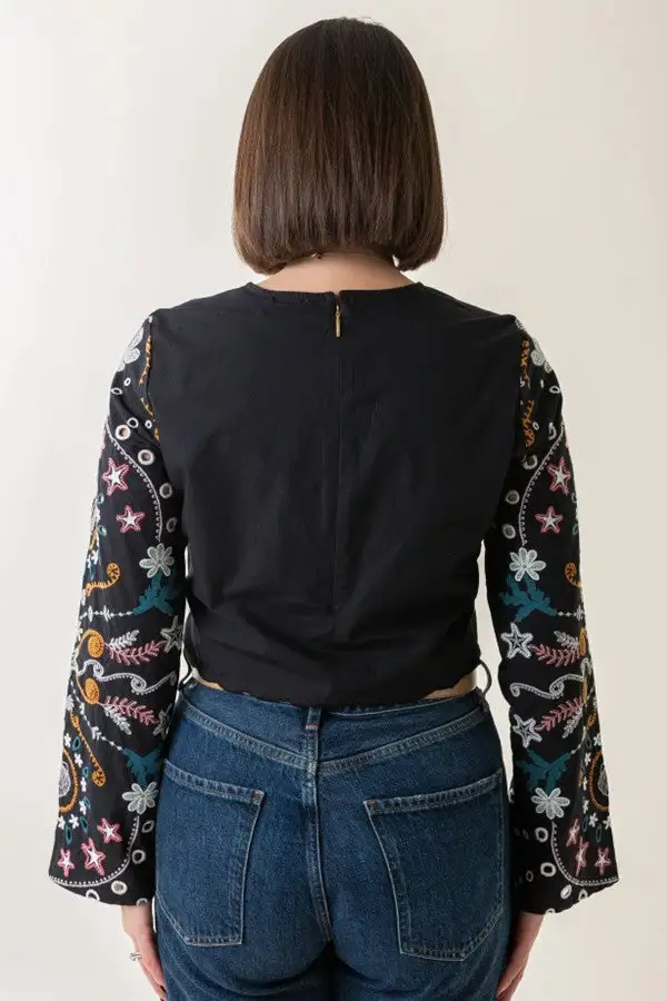 Women's Black Geo Print Long Sleeve Mesh Top