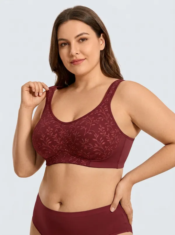 Women's Plus Size Beige Leaf Full-Coverage Wide-Strap Wireless Bra