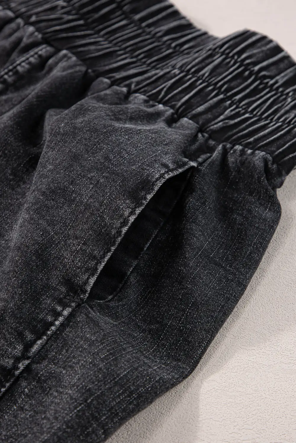 Black Smocked High Waist Mineral Washed