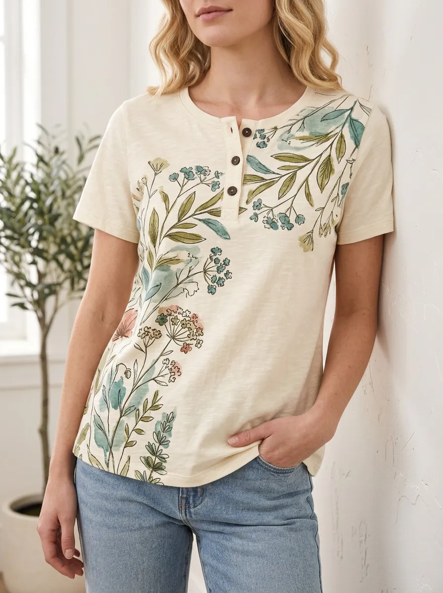 Women's Botanical Floral Watercolor Printed Henley T-Shirt