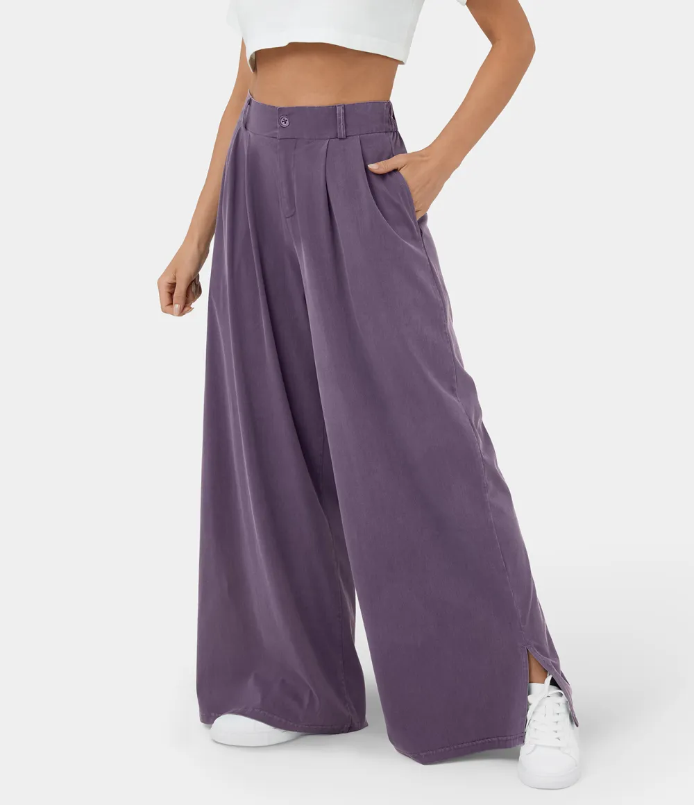 High Waisted Button Zipper Plicated Side Pocket Split Hem Wide Leg Casual Pants