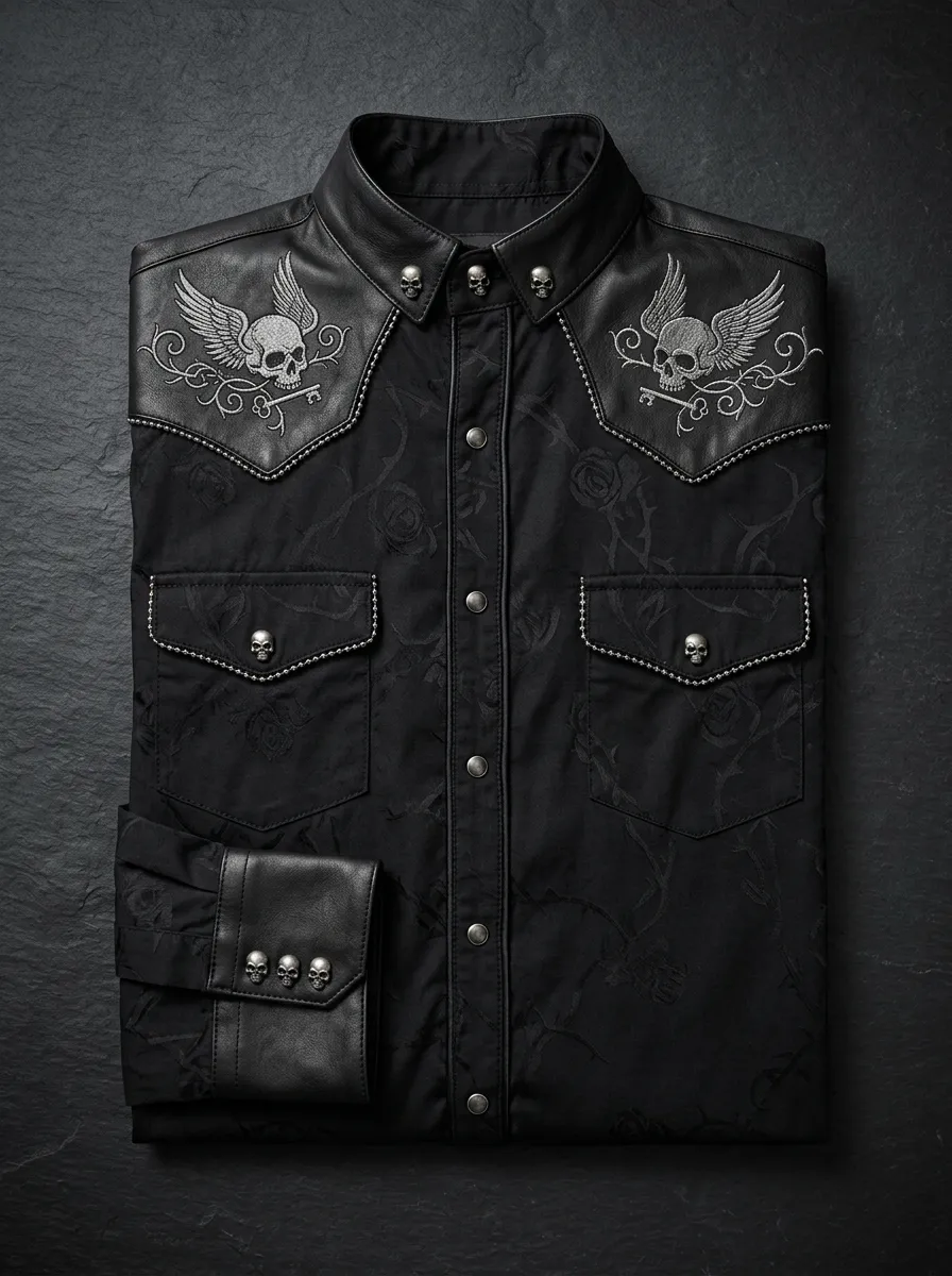 Arcane Skull Wing Embroidered Profile Men's Gothic Shirt