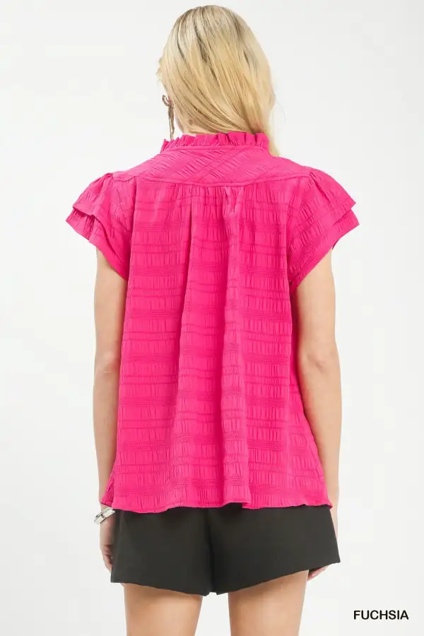 Textured Ruffle Flutter Sleeve Split Neck Top
