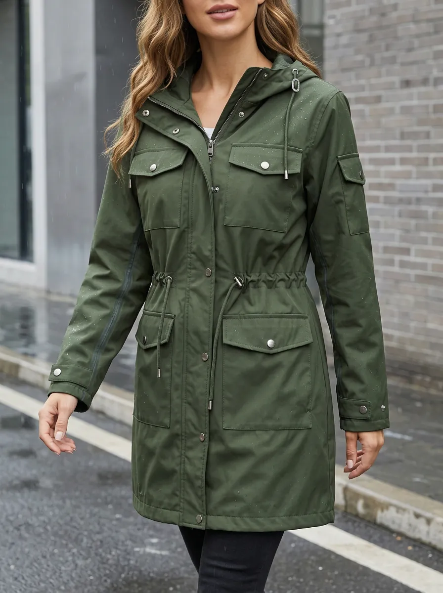 Women's Olive Green Hooded Drawstring Waterproof Jacket
