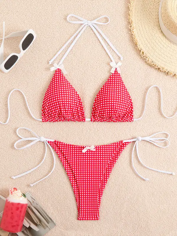 Lace Up Plaid Print Bikini Top Swim Set