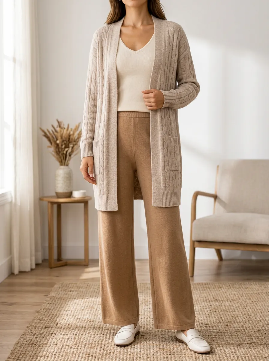 Women's Simple Cable Knit Cardigan And Pants With Tank Top Three Piece Outfit