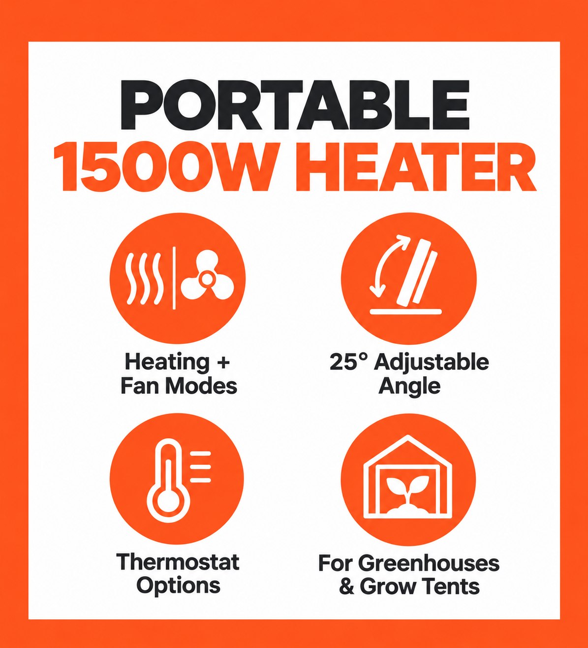 Portable 1500W heater feature panel with heating and fan modes, adjustable angle, thermostat options and greenhouse use