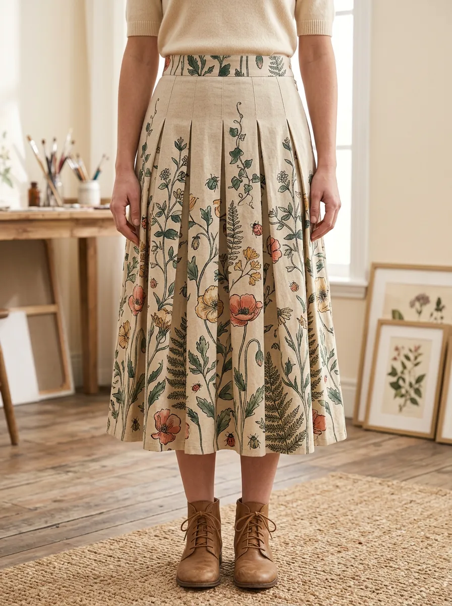 Women's Botanical Garden Lover Poppy Fern Printed Pleated Skirt