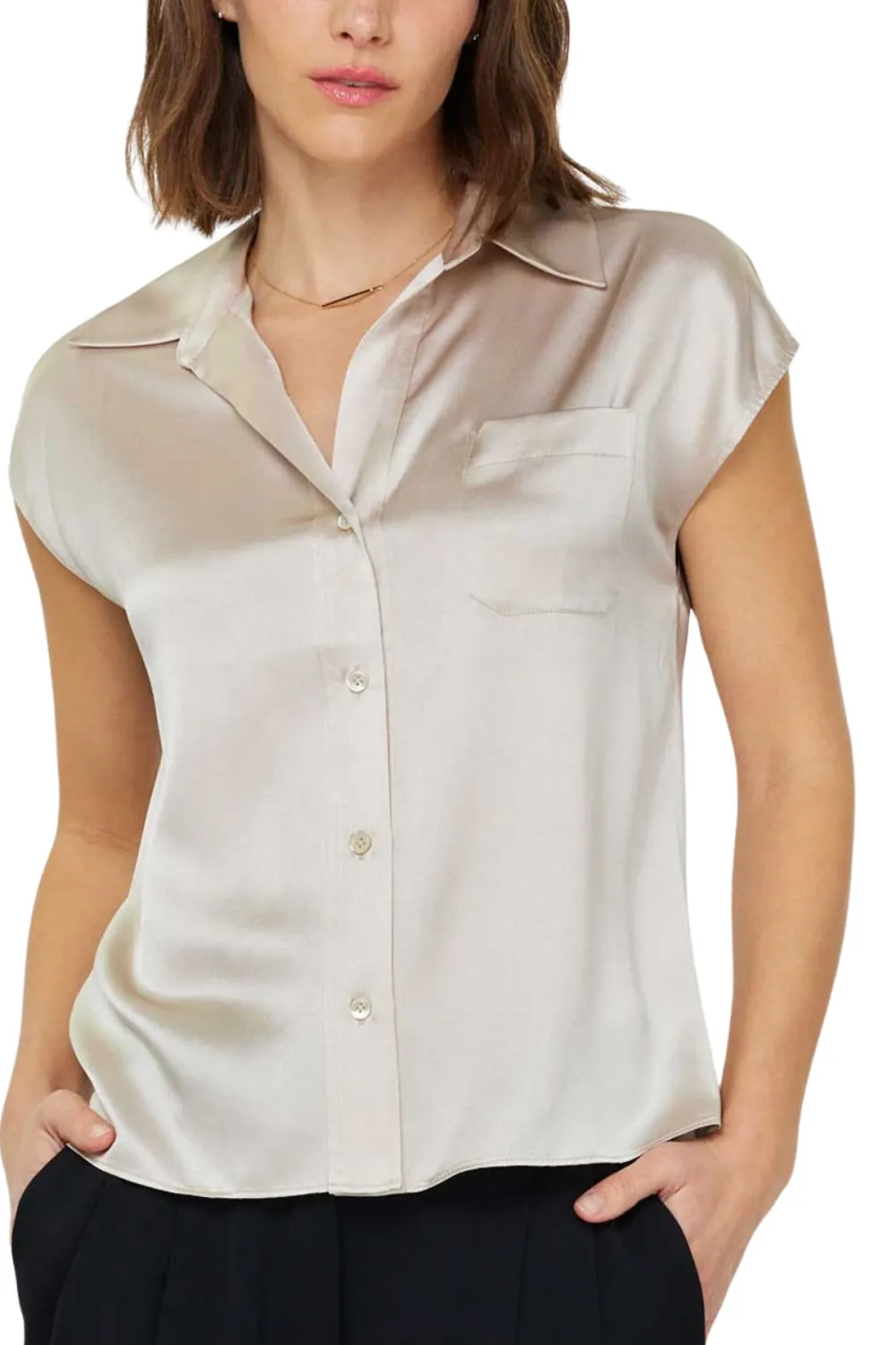 Button Cap Sleeve Cap Blouse