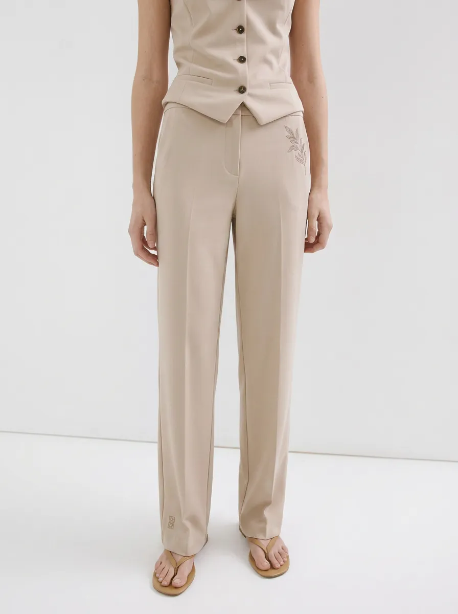 Women's Minimalist Botanical Leaf Embroidered Mid-Rise Straight Trousers
