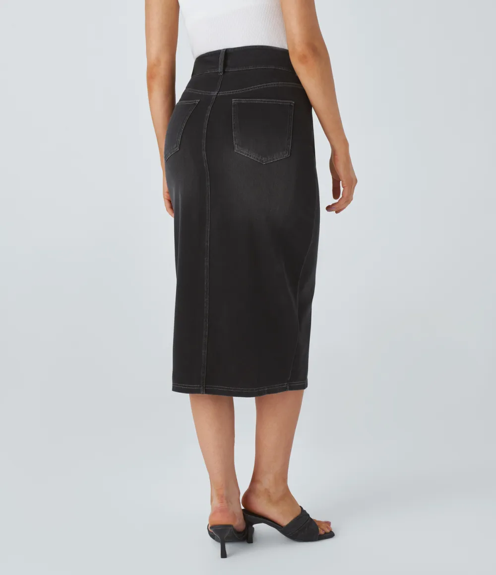 Magic High Waisted Multiple Pockets Bodycon Split Washed Stretchy Knit Denim Casual Midi Skirt