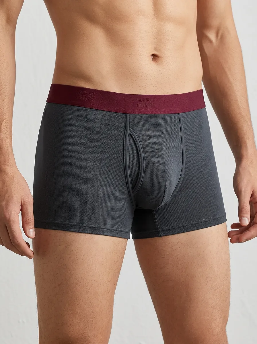 Men's Charcoal Grey Burgundy Waistband Solid Printed Boxer Briefs