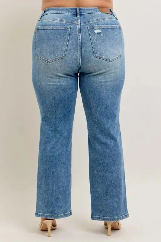 High-Waist Distressed Vintage-Wash Front-Seam Straight Leg Jeans