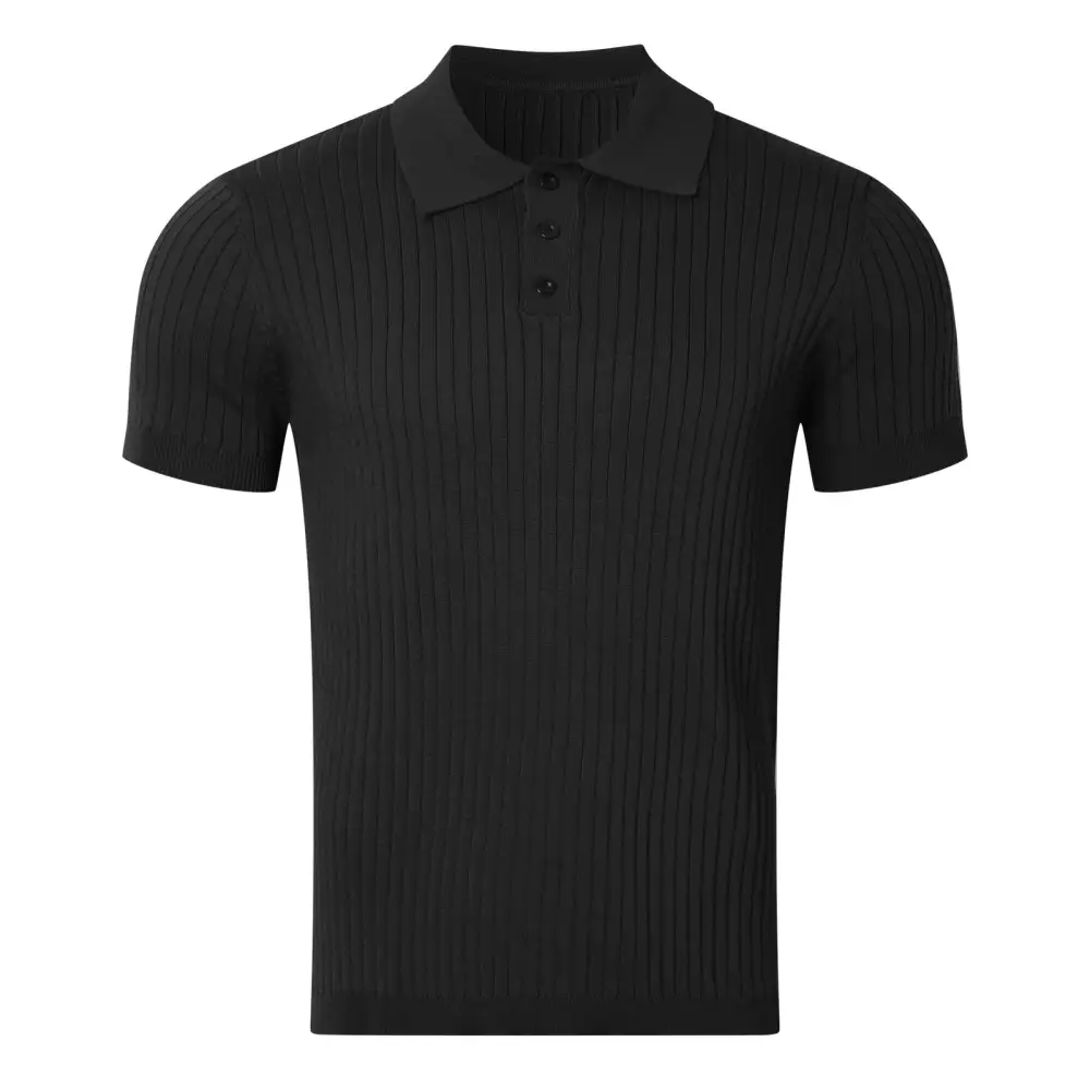 Sporty Ribbed Short Sleeve Fine Knit Polo Shirt