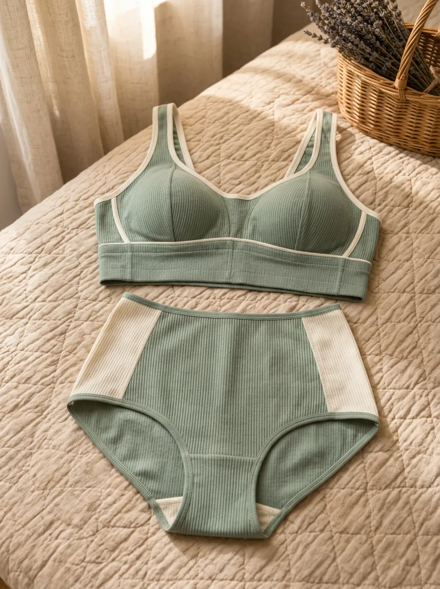 Women's Ribbed High Waisted Contrast Seamless Lingerie Set