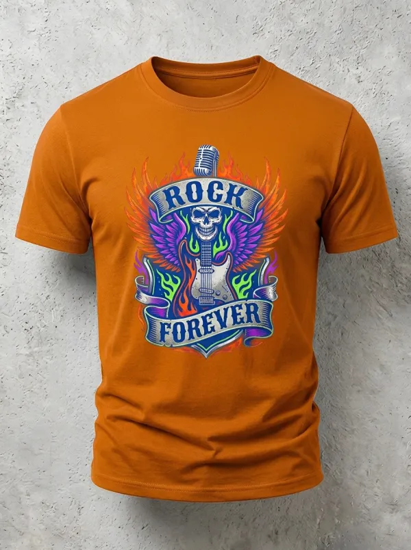 Unisex Rock Music Lover Skull Guitar Flame Printed T-shirt