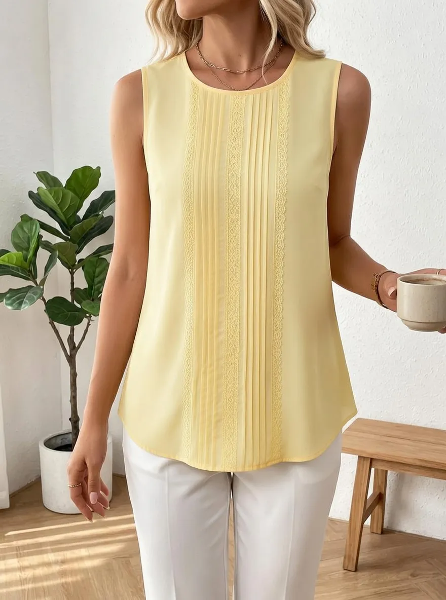 Pleated Lace Trim Sleeveless Blouse