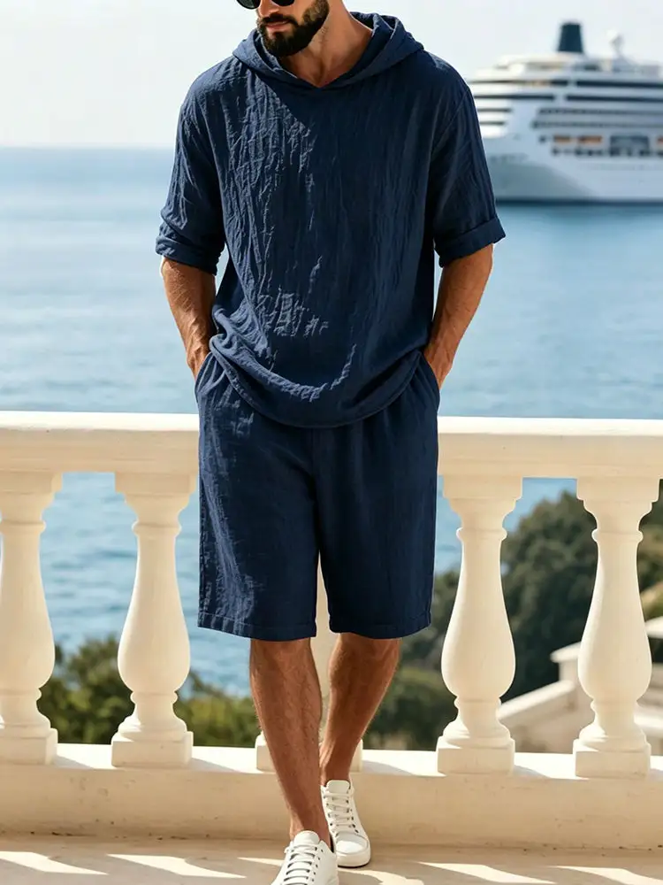 Washed Cotton Linen Hoodie Short Two Piece Set