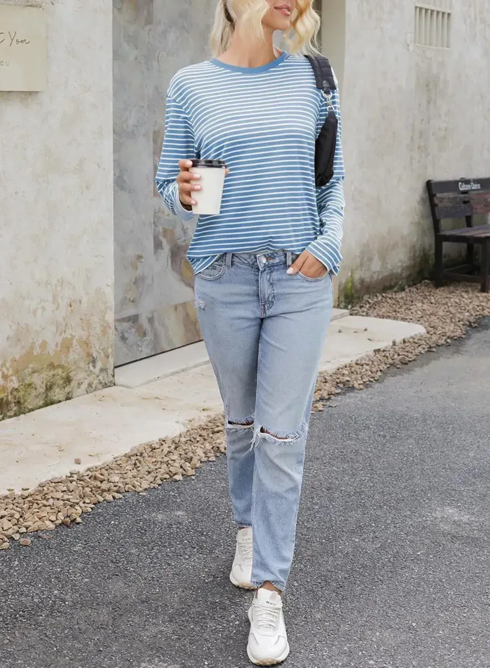 Dokotoo Women's Casual Striped Long Sleeve Tops Crew Neck Knit Ribbed Basic T Shirts