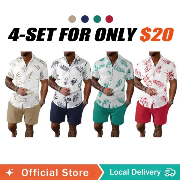 Men's Leaf Print Hawaiian Shirt & Drawstring Waist Short Set