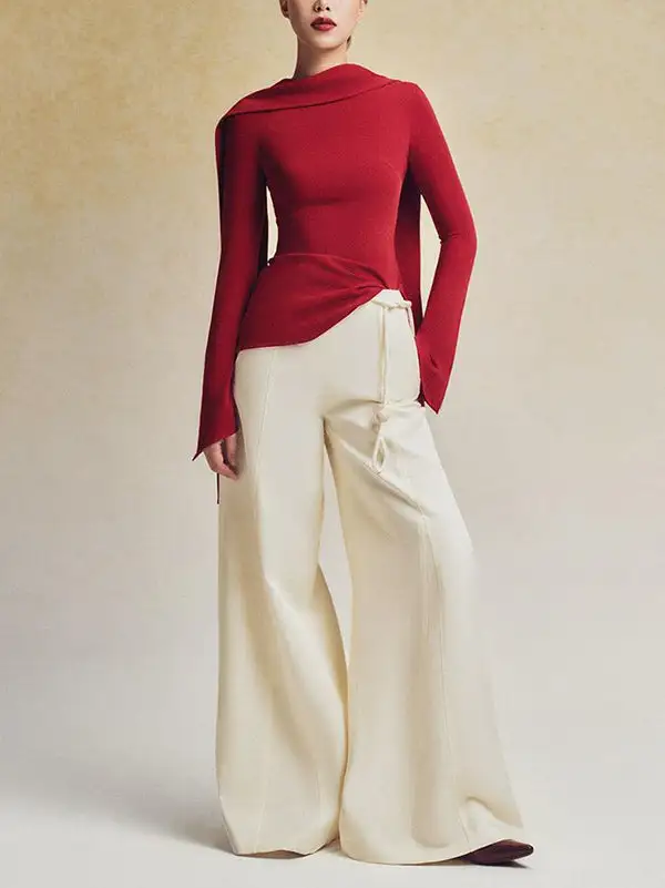 Flared Sleeve Long Sleeve Zip Detail Boat Neck T-Shirt