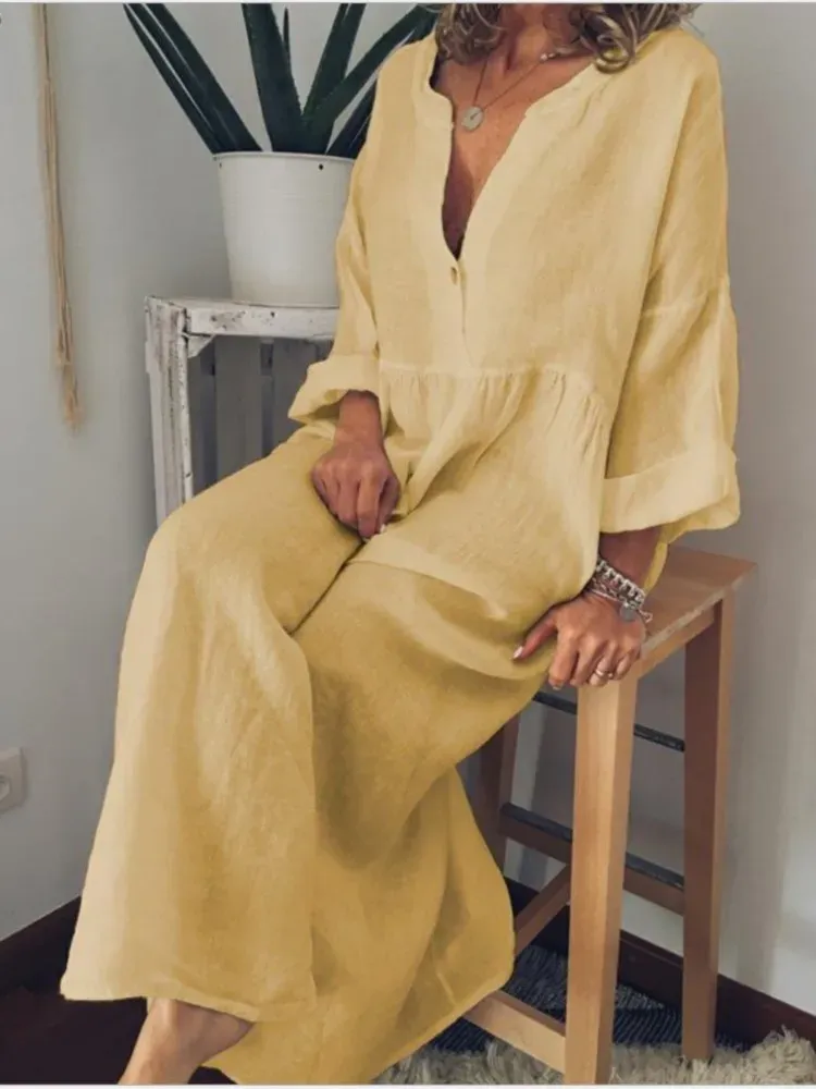 Linen Blend Cotton Blend Maxi Layered Look Dress