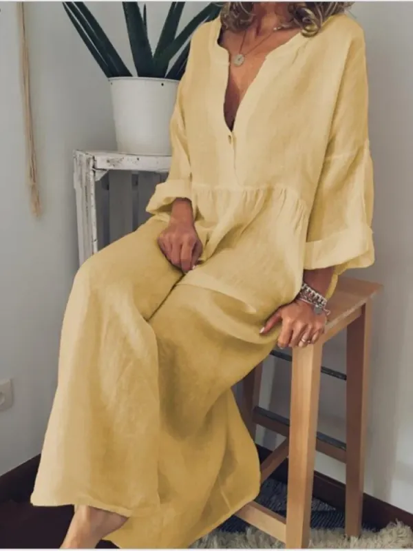 Linen Blend Cotton Blend Maxi Layered Look Dress