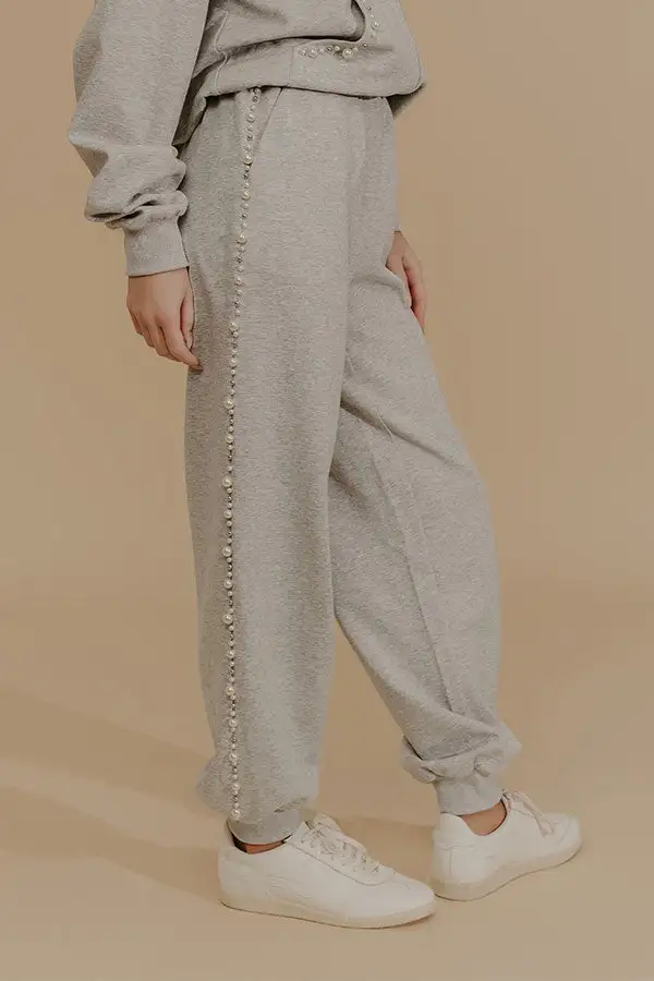 High Waist Pearl Embellished Jogger Pants