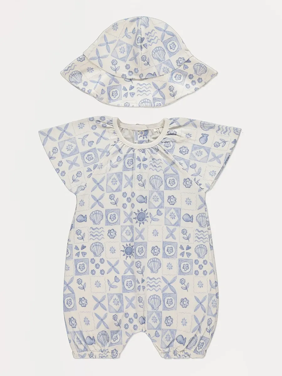 Blue Tile Print Romper and Hat Outfit