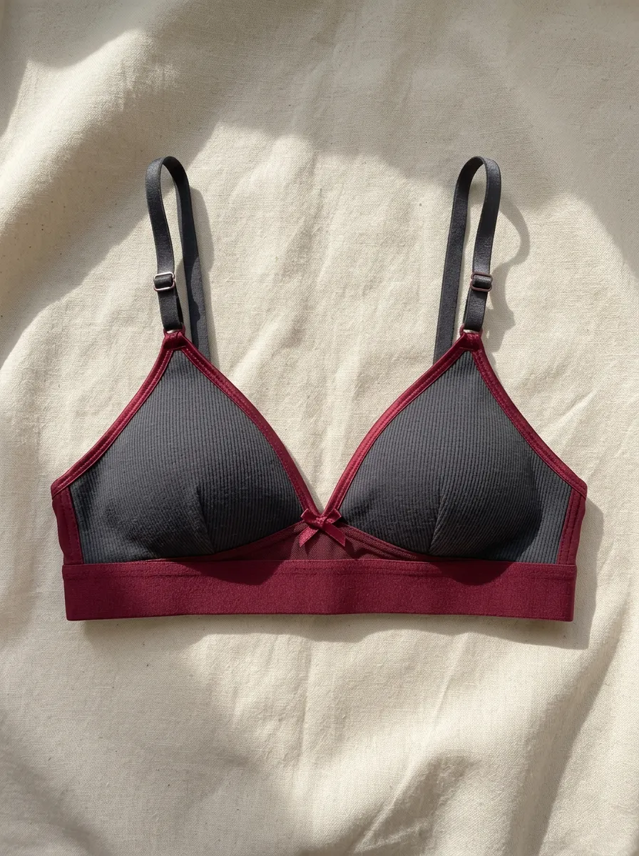 Women's Ribbed Burgundy Trim Bowknot Printed Bralette