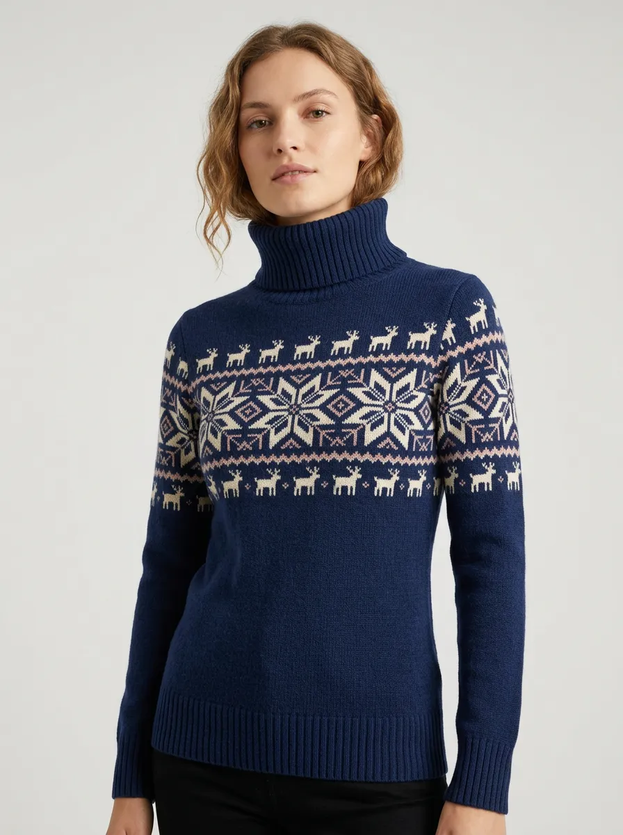 Women's Christmas Holiday Reindeer Snowflake Pattern Printed Turtleneck Sweater