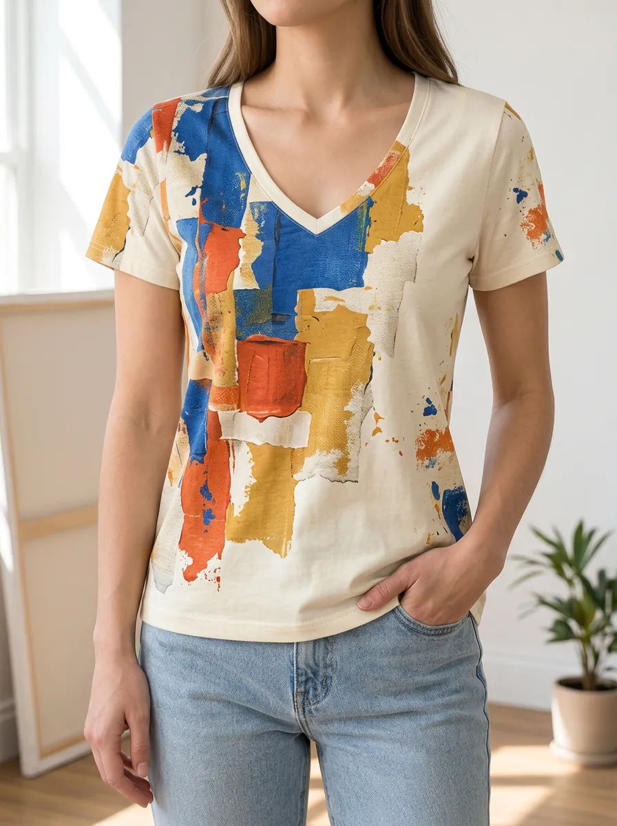 Women's Dynamic Abstract Art Lover Colorful Paint Splatter V-Neck T-Shirt