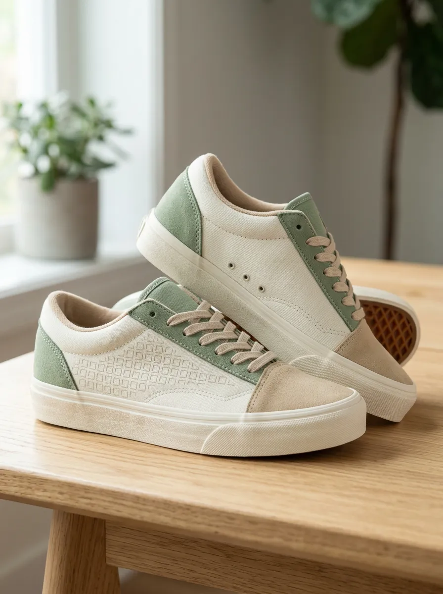 Women's Sage Green Geometric Grid Pattern Printed Canvas Sneakers