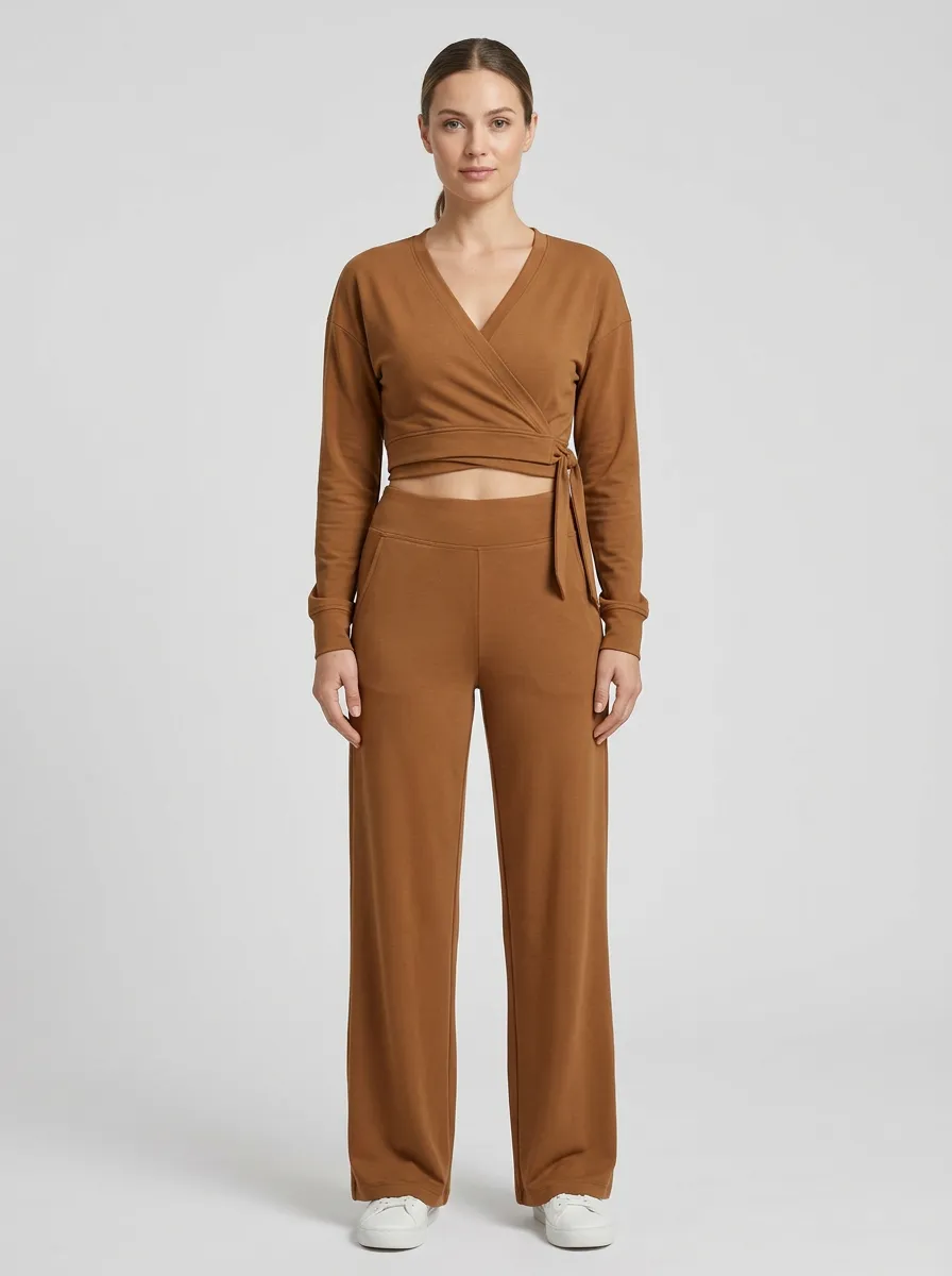 Women's Wrap-Front Side-Tie Crop Top and Wide-Leg Trouser Set