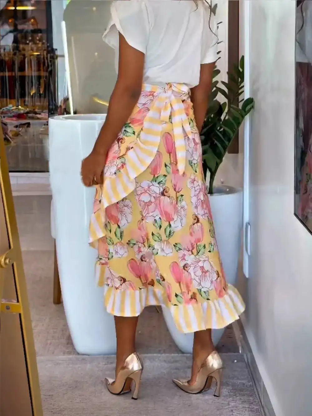 Print Ruffle Hem Midi Skirt